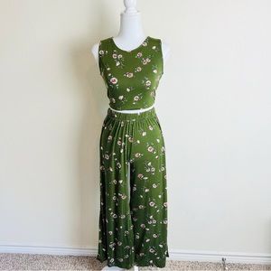 Fashion Nova Green & Pink Floral Tank Crop Top & Flare Leg Pants Set